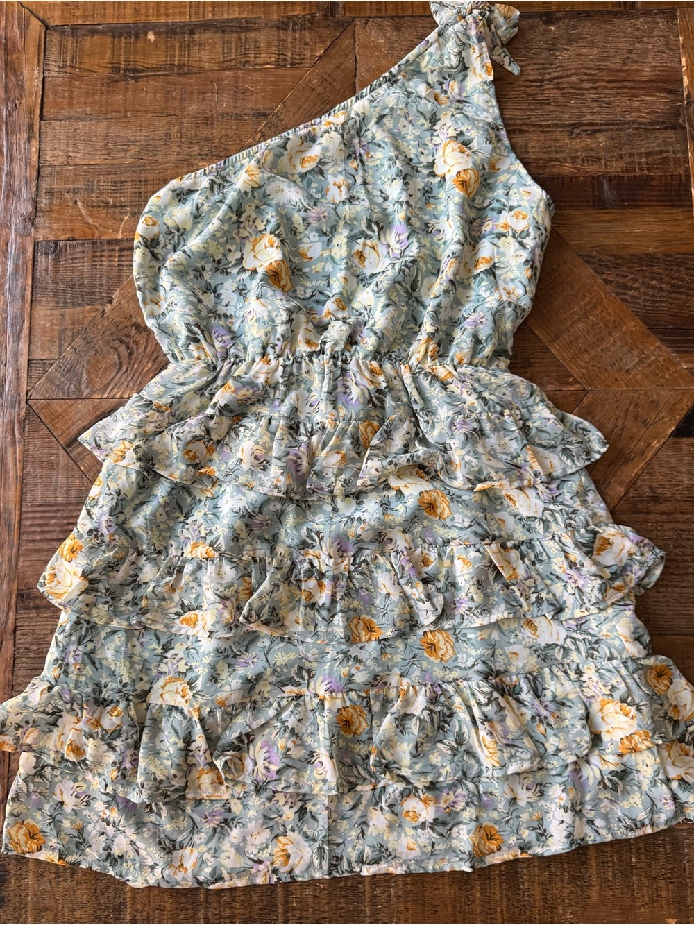 Girls One-Shoulder Ruffle Dress in Sage Green Floral